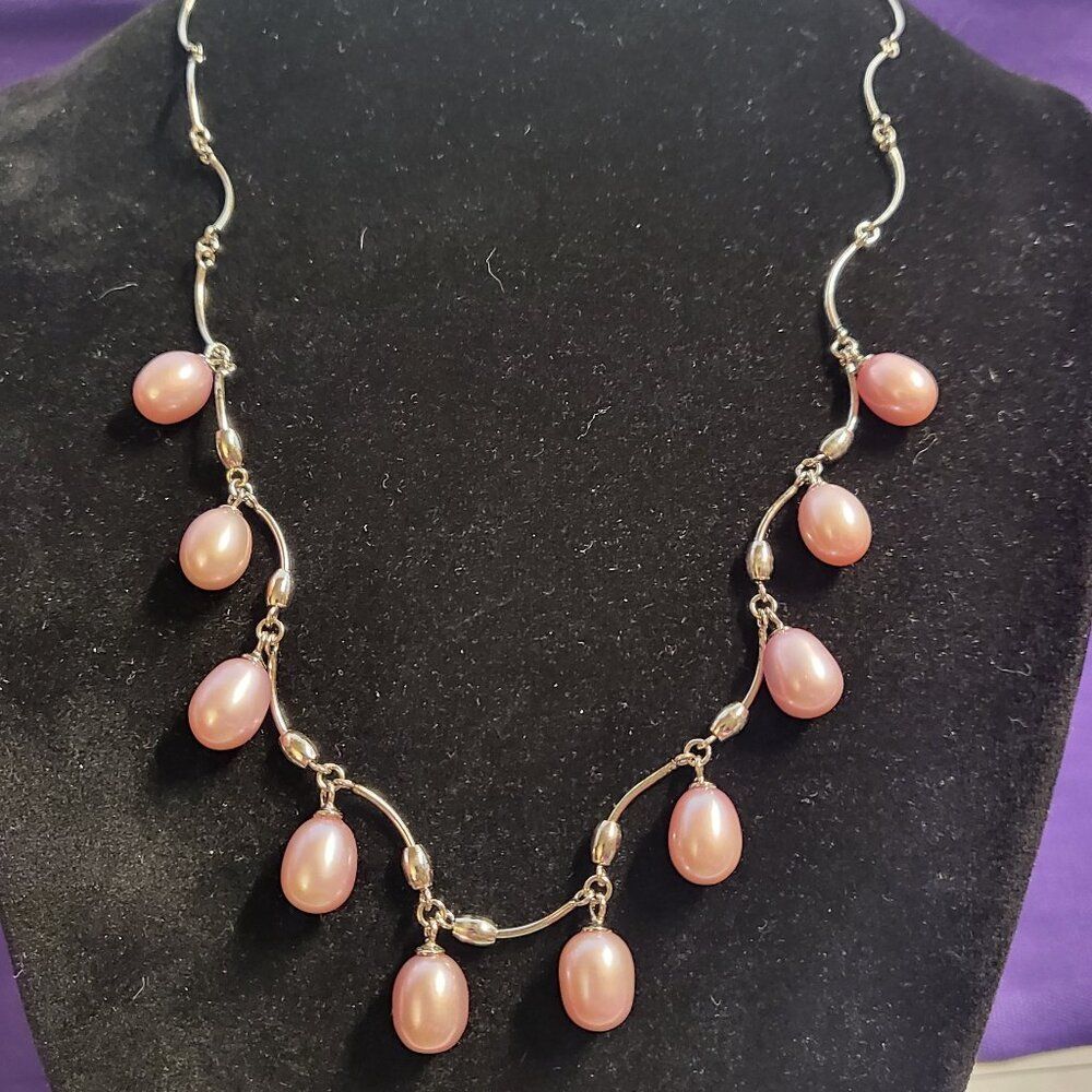 Pink Freshwater Pearl Sterling Silver Link Necklace